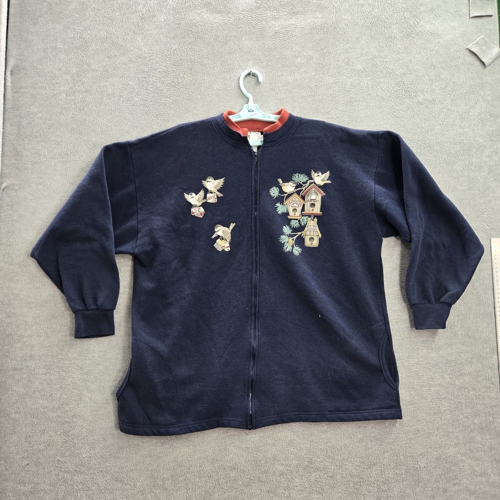 VINTAGE Morning Sun Women Sweatshirt L Blue Graphic Print Birdhouses Birds 90s